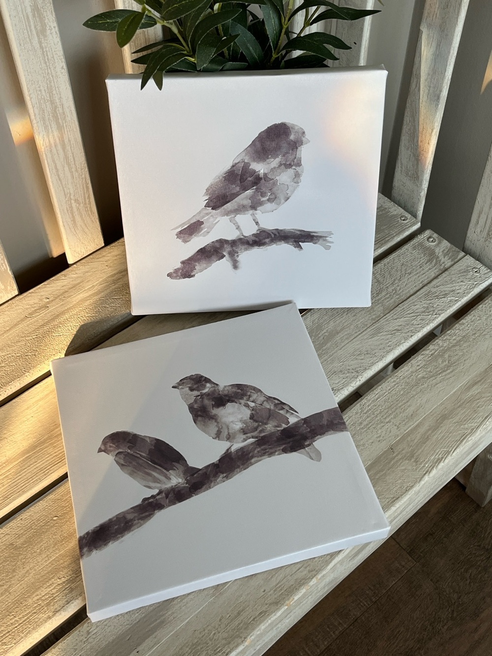 Neutral Watercolor Bird Canvas Art - Two Birds on a Branch ~New~